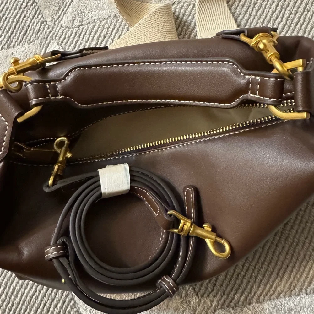 Elegant Brown Leather Handbag - Zara side stripe bag , cross body or clutch - Picture 12 of 14